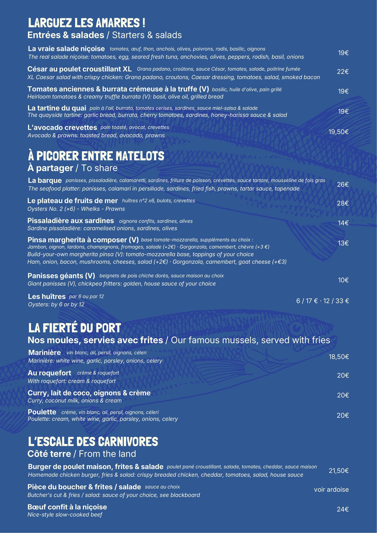 Carte La Barque Bleue : salade niçoise, plateau de fruits de mer, huîtres, moules-frites marinière et roquefort, burger et bœuf niçois