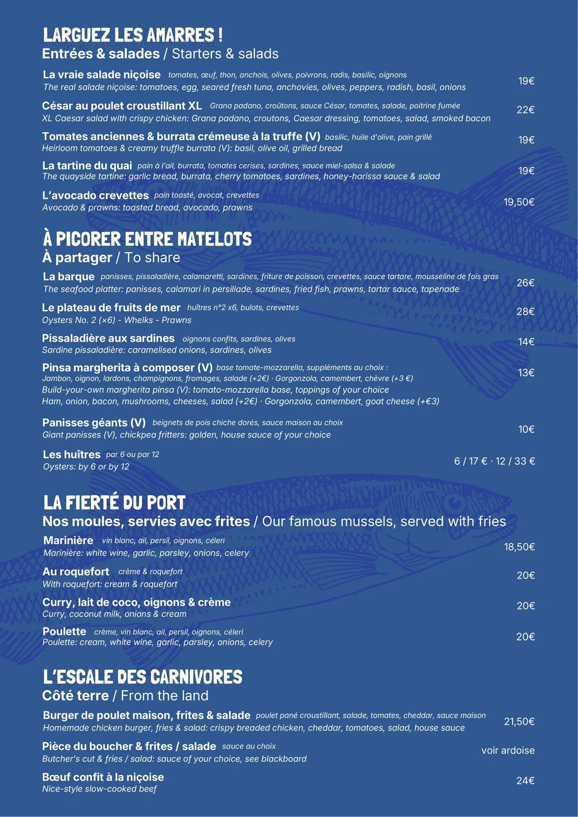 Carte La Barque Bleue : salade niçoise, plateau de fruits de mer, huîtres, moules-frites marinière et roquefort, burger et bœuf niçois