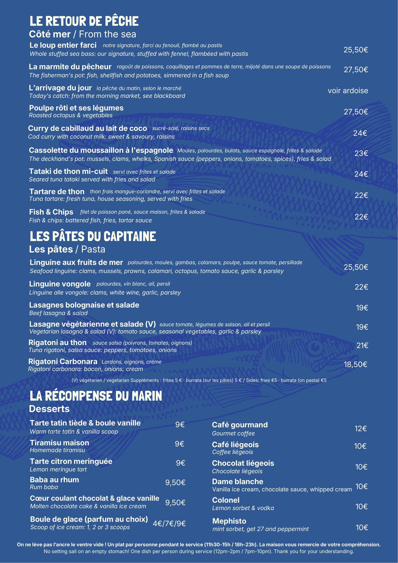 Carte La Barque Bleue : loup entier farci, marmite du pêcheur, poulpe rôti, tartare et tataki de thon, fish and chips, linguine aux fruits de mer, lasagnes et desserts maison