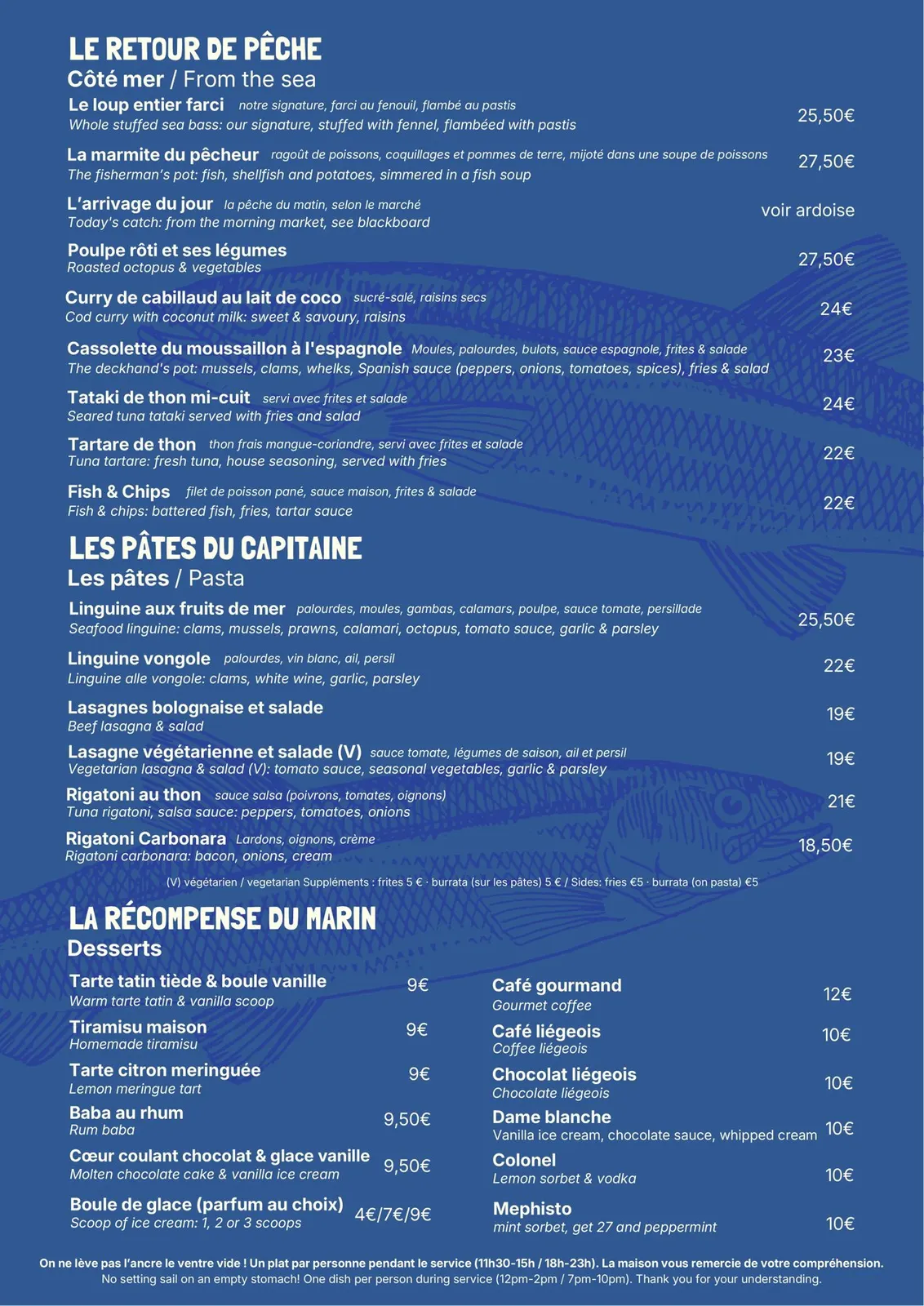 Carte La Barque Bleue : loup entier farci, marmite du pêcheur, poulpe rôti, tartare et tataki de thon, fish and chips, linguine aux fruits de mer, lasagnes et desserts maison