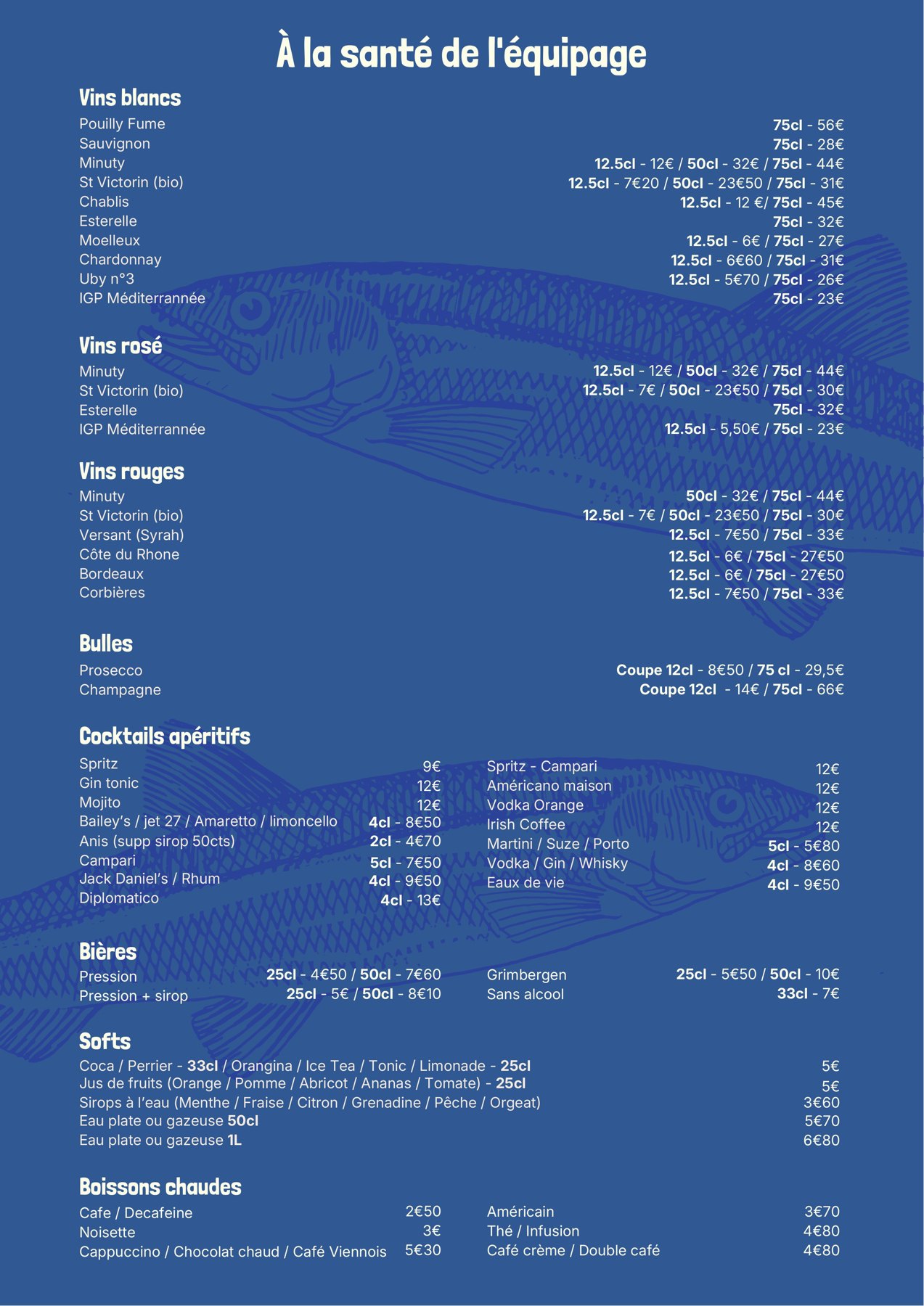 Carte des boissons de La Barque Bleue : vins blancs, rosés et rouges, champagne, cocktails, bières, softs et boissons chaudes
