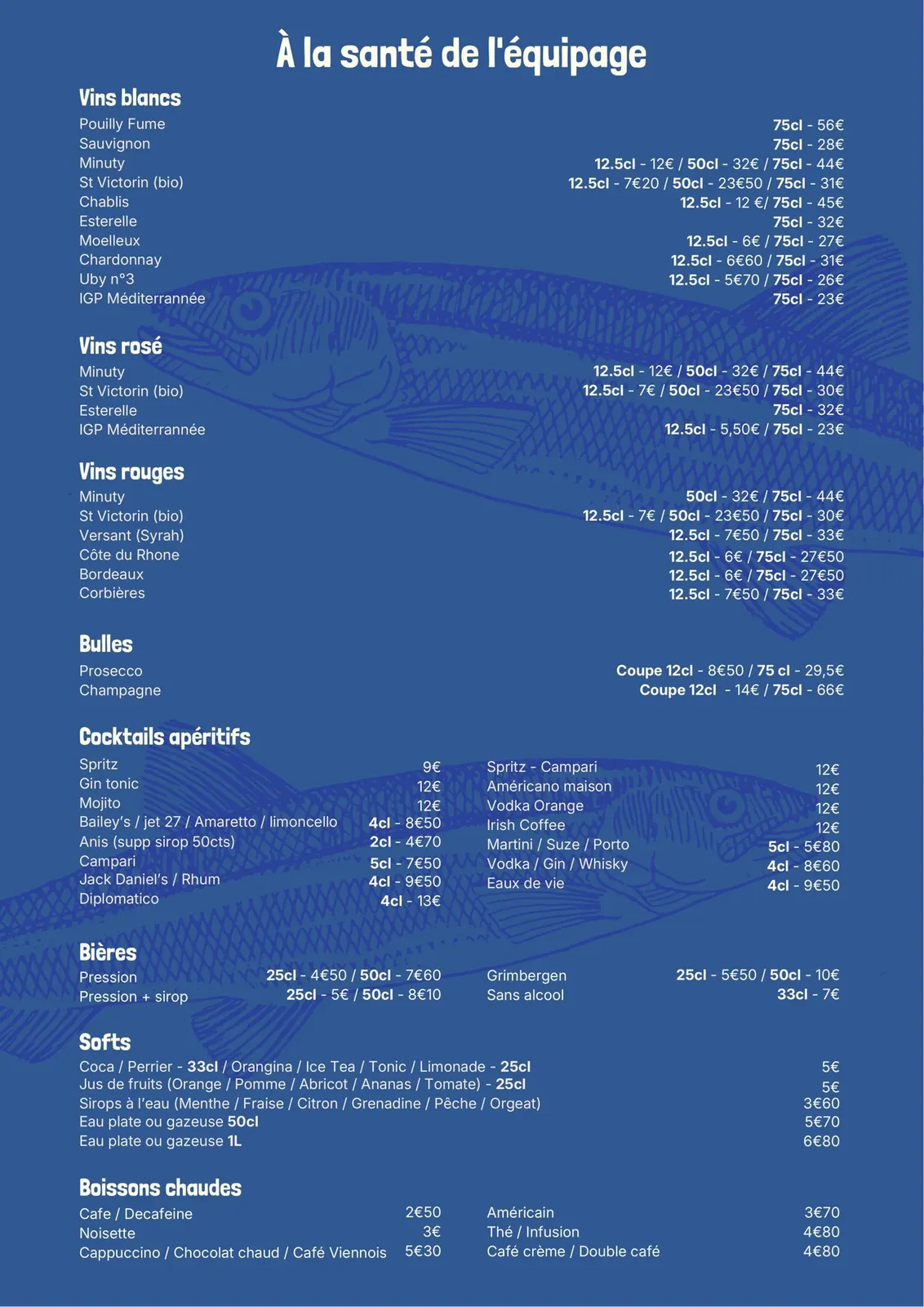 Carte des boissons de La Barque Bleue : vins blancs, rosés et rouges, champagne, cocktails, bières, softs et boissons chaudes