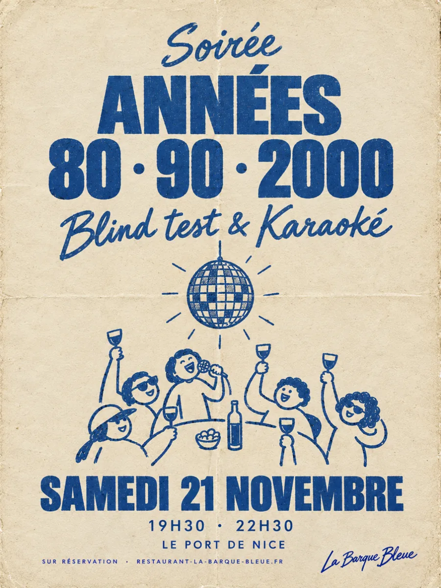 Affiche de la soirée années 80, 90 et 2000, blind test et karaoké, samedi 21 novembre à La Barque Bleue